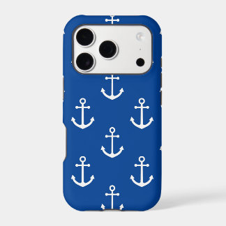 Blue Nautical Patterned White Anchor iPhone 17 Pro Case