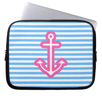 Blue Nautical Pink Anchor Laptop Sleeve by OrganicSaturation at Zazzle