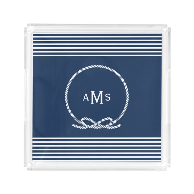 Blue Nautical Rope Frame Monogram Acrylic Tray (Front)