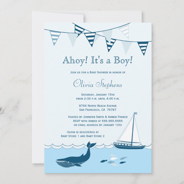 Blue nautical sailboat baby boy shower invitation (Front)