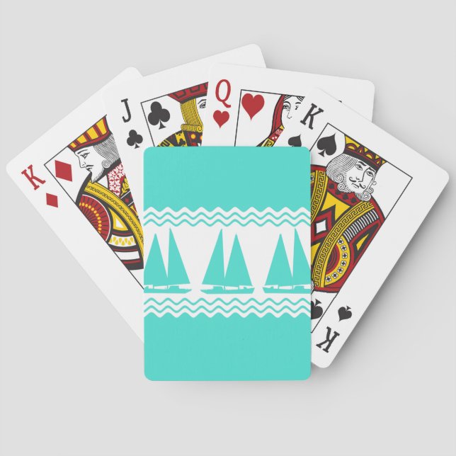 Blue Nautical Sailboat Coastal Stripes Poker Cards (Back)