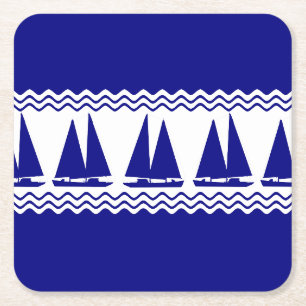Blue Nautical Sailboat Coastal Stripes Square Paper Coaster