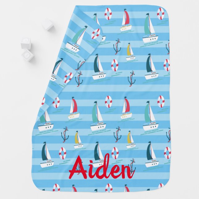 Blue Nautical Sailboat Monogram Baby Blanket (In Situ)