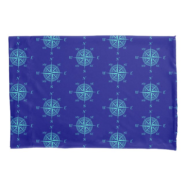 Blue Nautical Sailing Compass Pillow Case (Front)
