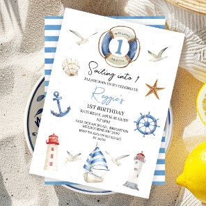 Blue Nautical Sailing into One 1st Birthday Invitation