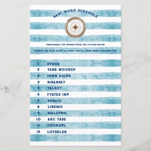 Blue Nautical Sailor Baby Shower Word Scramble