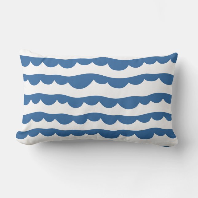 Blue Nautical Scallop Edge Sketch Pattern Lumbar Pillow (Front)