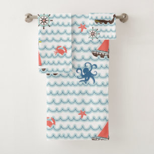 Blue Nautical Scene Pattern Kids Towel Set