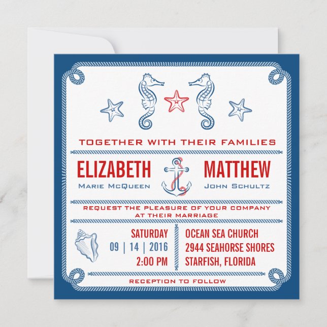 Blue - Nautical Seahorse Wedding Invitation (Front)
