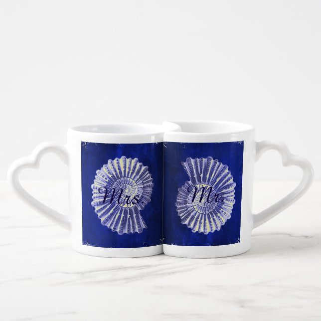 blue nautical seashells coastal wedding mr and mrs coffee mug set (Front Nesting)