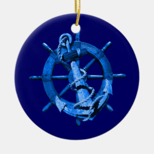 Blue Nautical Ships Wheel And Anchor Ceramic Ornament