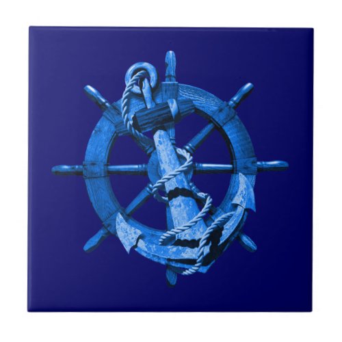 Blue Nautical Ships Wheel And Anchor Ceramic Tile