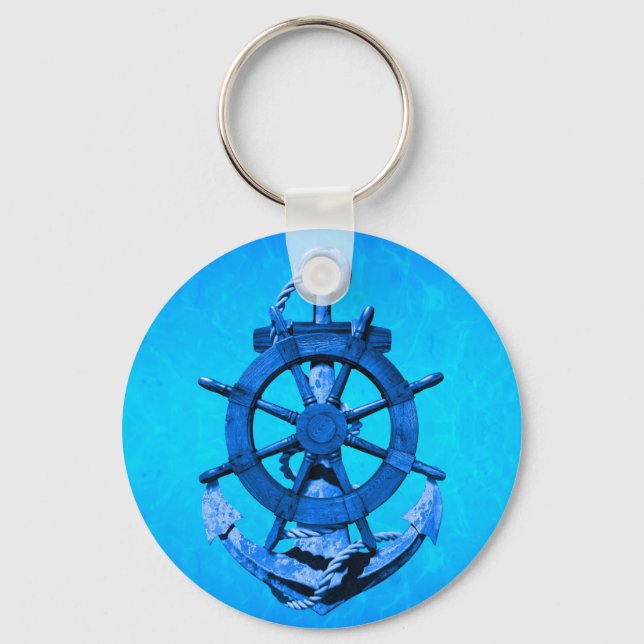 Blue Nautical Ships Wheel And Anchor Keychain (Front)