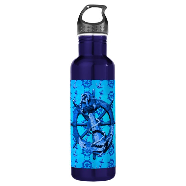 Blue Nautical Ships Wheel And Anchor Water Bottle (Front)