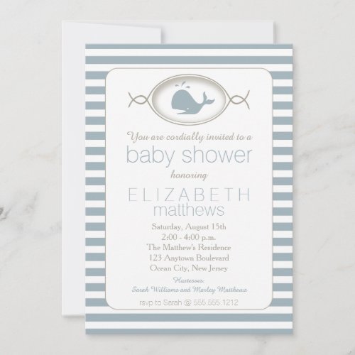 Blue Nautical Spouting Whale Striped Baby Shower I Invitation
