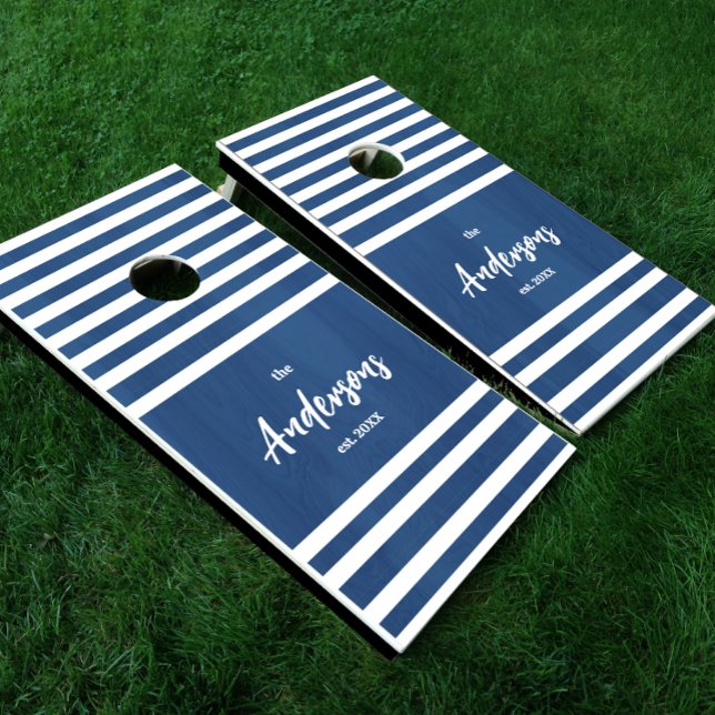 Blue Nautical Stripe Family Name Cornhole Set (Creator Uploaded)