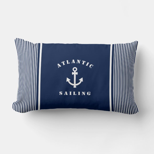 Blue Nautical Striped Pillow with Anchor Label (Front)