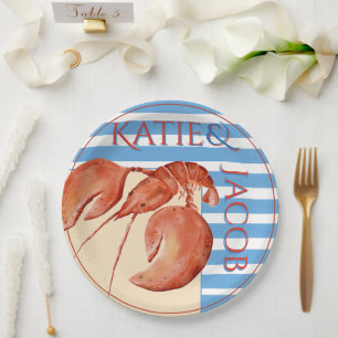 Blue Nautical Stripes Lobster Preppy Pastel Blue Paper Plates