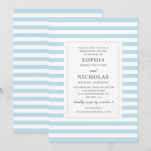 Blue nautical stripes wedding rehearsal dinner invitation (Front/Back)