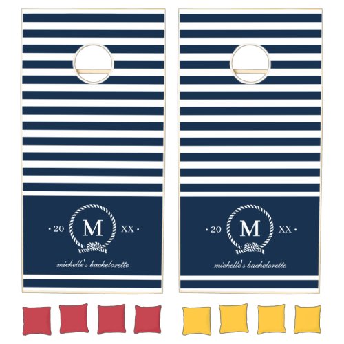 Blue Nautical Theme Stripes Monogram Bachelorette Cornhole Set