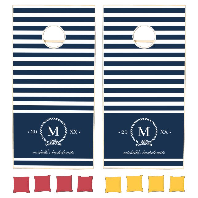 Blue Nautical Theme Stripes Monogram Bachelorette Cornhole Set (Set)