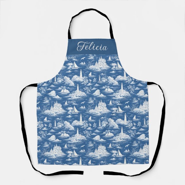 Blue Nautical Toile de Jouy Apron (Front)