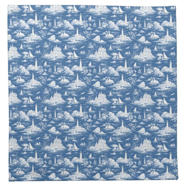 Blue Nautical Toile de Jouy Cloth Napkin (Front)