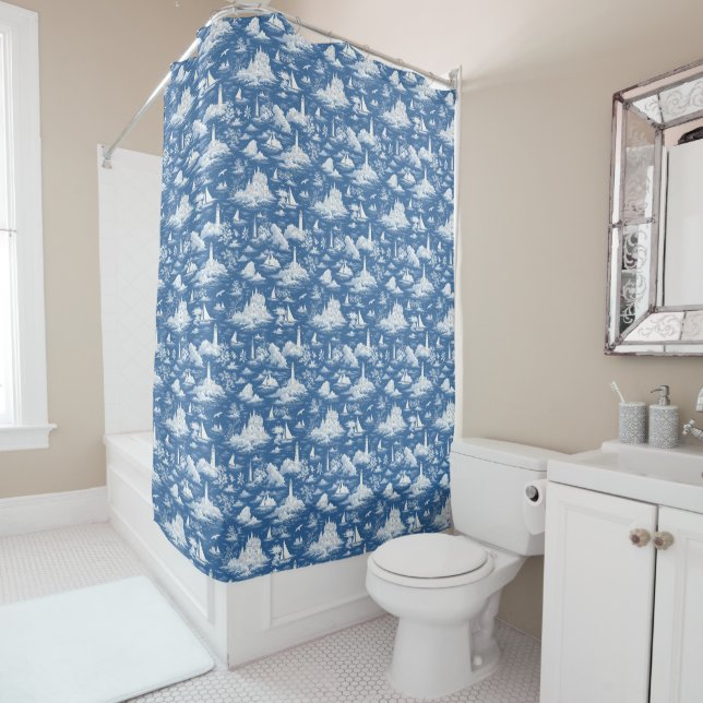 Blue Nautical Toile de Jouy Shower Curtain (In Situ)