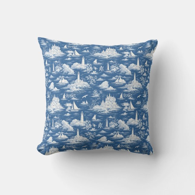 Blue Nautical Toile de Jouy Throw Pillow (Front)