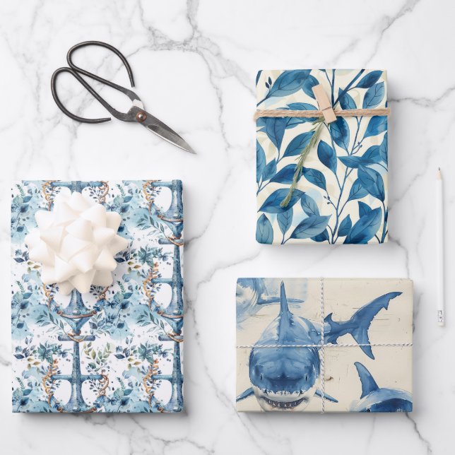 Blue nautical watercolor design wrapping paper sheets (Front)