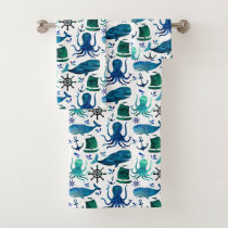 Blue Nautical Watercolor Fish Whale Octopus Marine Bath Towel Set