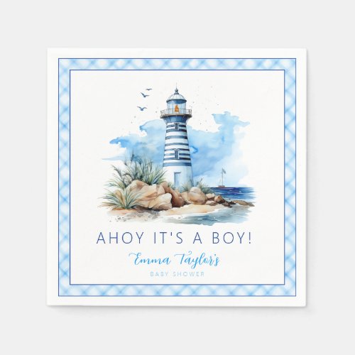 Blue Nautical Watercolor Lighthouse Baby Shower Napkins