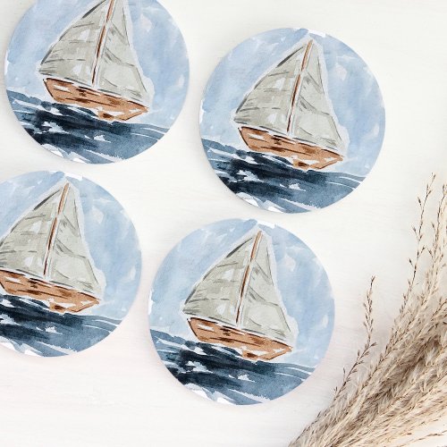 Blue Nautical Watercolor Sailboat Round Paper Coaster