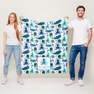 Blue Nautical Watercolor Under The Sea Octopus Fleece Blanket