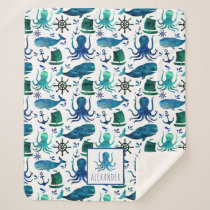 Blue Nautical Watercolor Under The Sea Octopus Sherpa Blanket