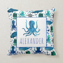 Blue Nautical Watercolor Under The Sea Octopus Throw Pillow