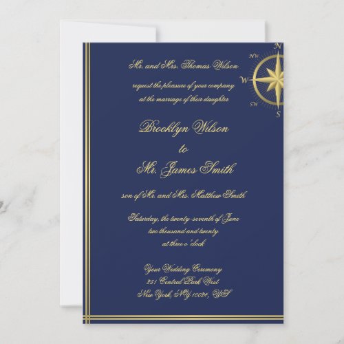Blue Nautical Wedding Invitations Gold Compass