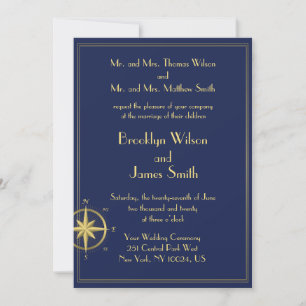 Blue Nautical Wedding Invitations Gold Compass
