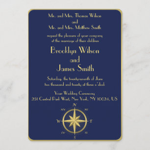 Blue Nautical Wedding Invitations Gold Compass
