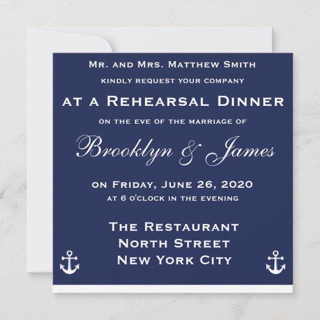 Blue Nautical Wedding Rehearsal Dinner Invitations (Front)