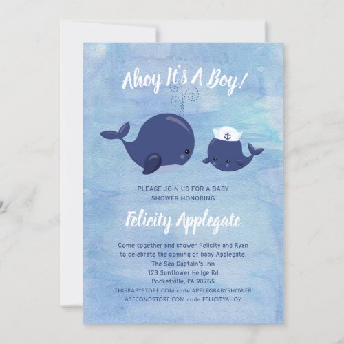 Blue Nautical Whale Ahoy Its A Boy Baby Shower Invitation