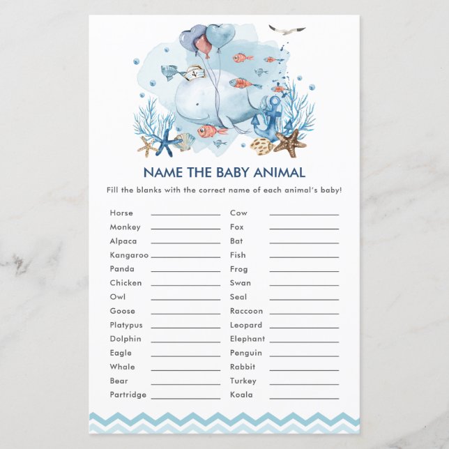 Blue Nautical Whale Name the Baby Animal Game (Front)