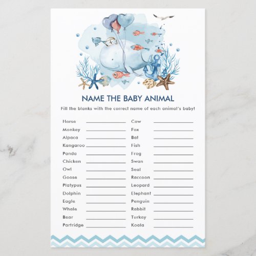Blue Nautical Whale Name the Baby Animal Game