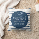Blue Nautical Whale Stripe Baby Boy Birth Stats Throw Pillow
