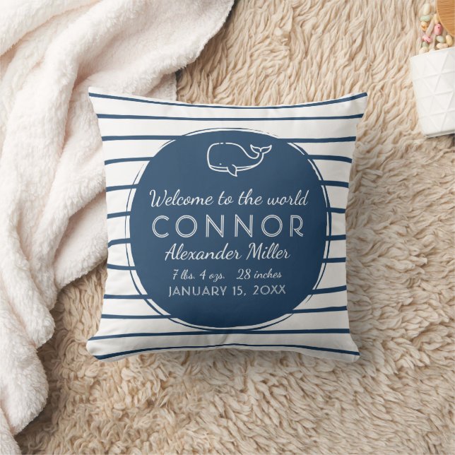 Blue Nautical Whale Stripe Baby Boy Birth Stats Throw Pillow (Blanket)