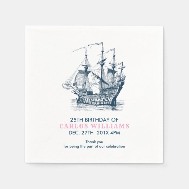 Blue Nautical Wind-Sailing Boat Birthday Template Napkins (Front)