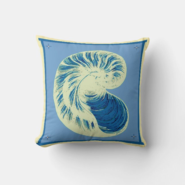 Blue Nautilus Seashell Pillow (Front)