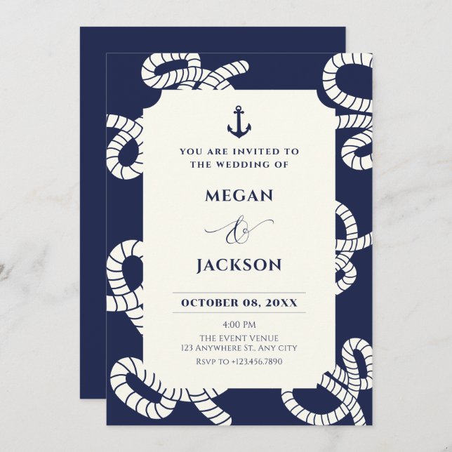Blue navy anchor wedding  invitation (Front/Back)