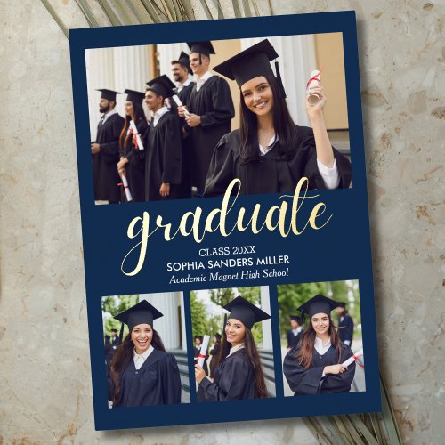 Blue Navy and Gold Script 4 photos Graduated Foil Invitation