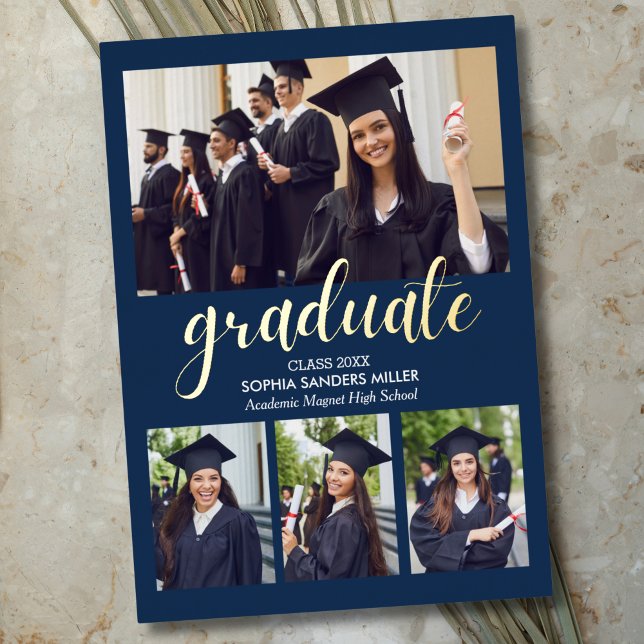 Blue Navy and Gold Script 4 photos Graduated Foil Invitation (Creator Uploaded)